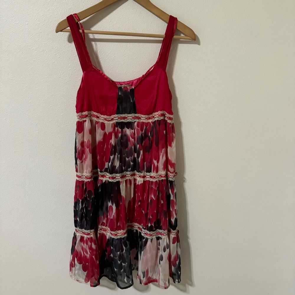 Lulumari Y2K Milkmaid Fairycore Sheer Ribbon Tiered Mini Dress Magenta Black-M
